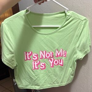 SHEIN Light Green Cropped Tee with Pink Print